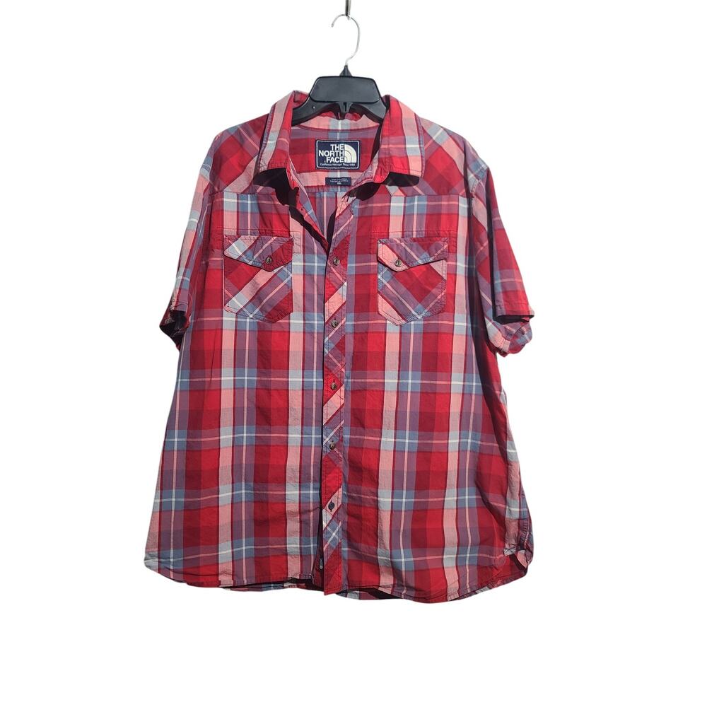 North Face Red Blue Plaid Button Short Sleeve Shirt Size XXL